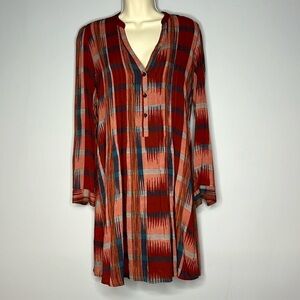 11.1.TYLHO XSMALL RUST & BLUE RAYON SHEATH LONG SLEEVED DRESS